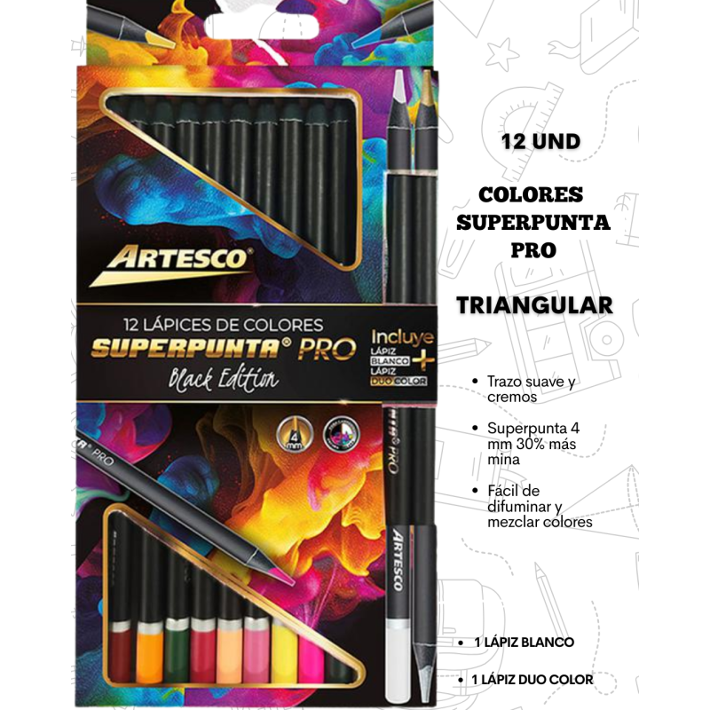 Colores superpunta Pro X 12 Und + 1 Lápiz Blanco + 1 Lápiz Duo Color